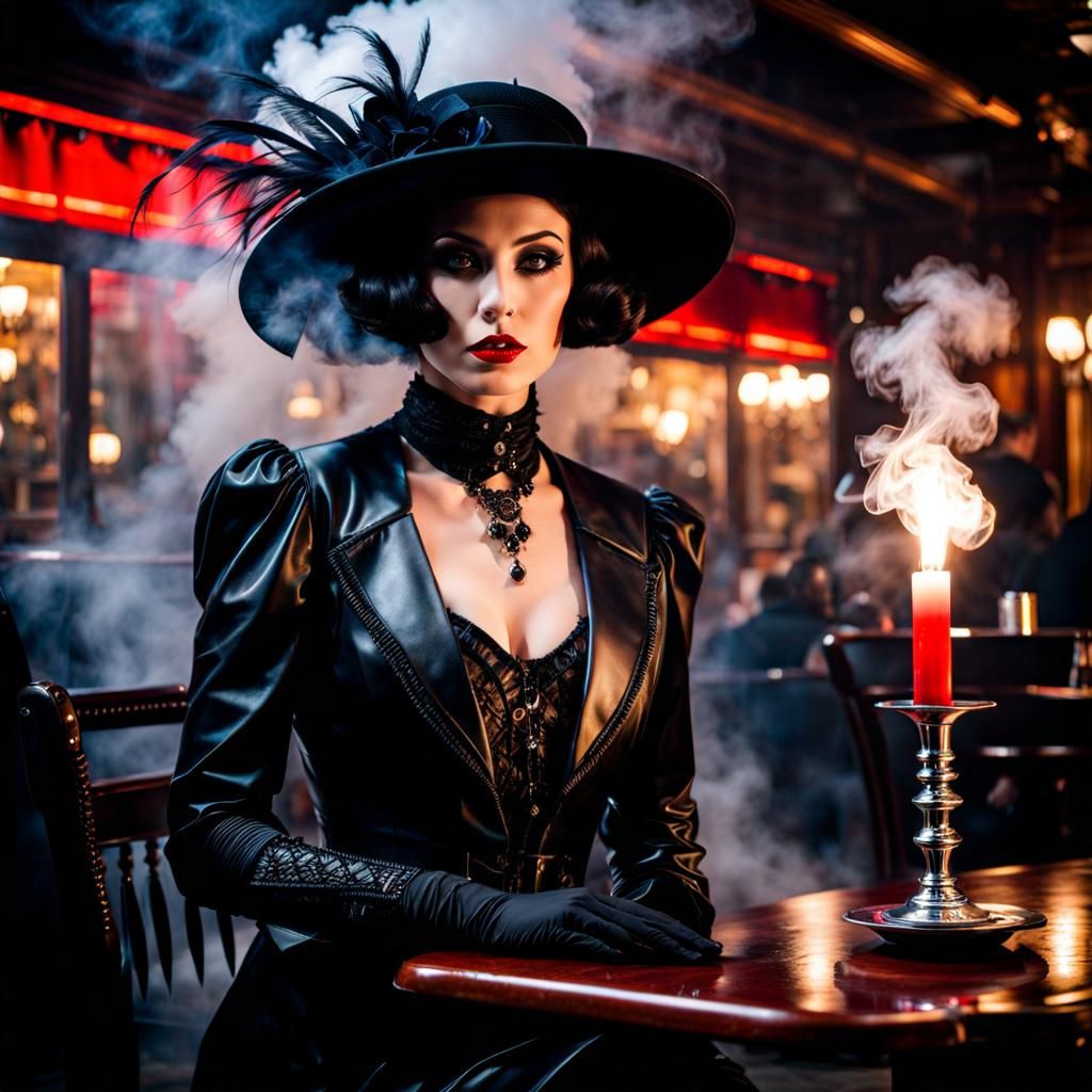 Gothic Woman in Leather in Foggy Boston Restaurant