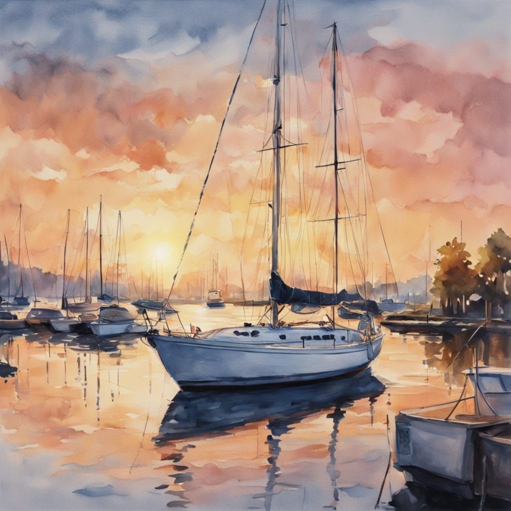 Sailboat in Serene Harbor Marina at Sunset