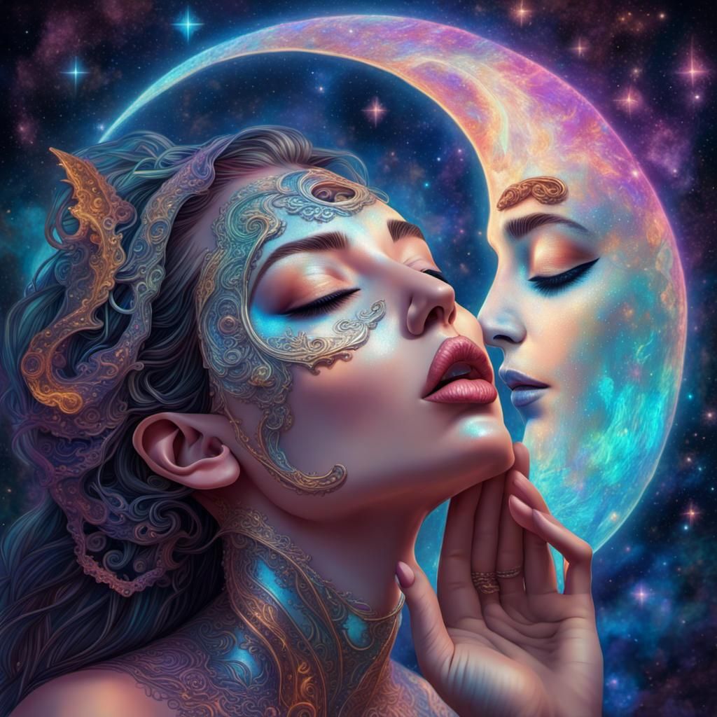 Cosmic Moon Priestess in Holographic Astral Illustration