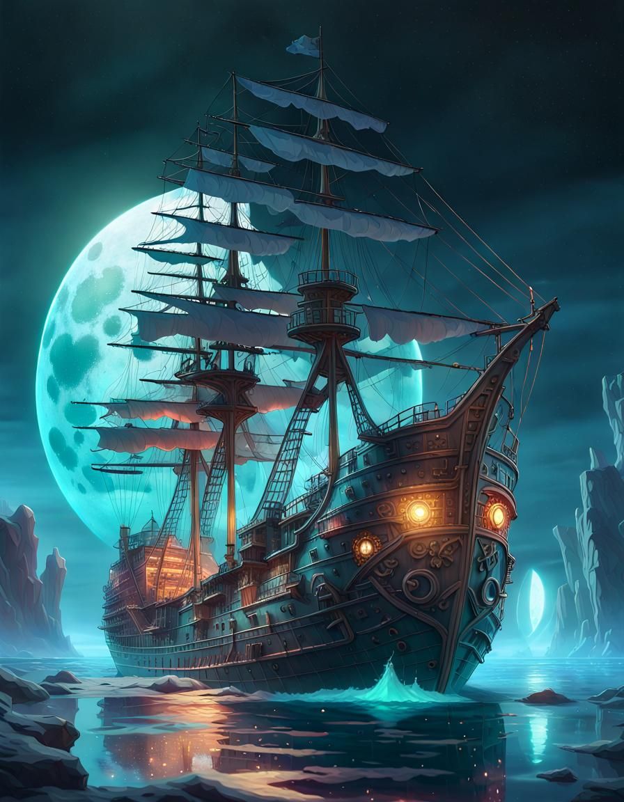 Eerie Ghost Ship on Cosmic Waters