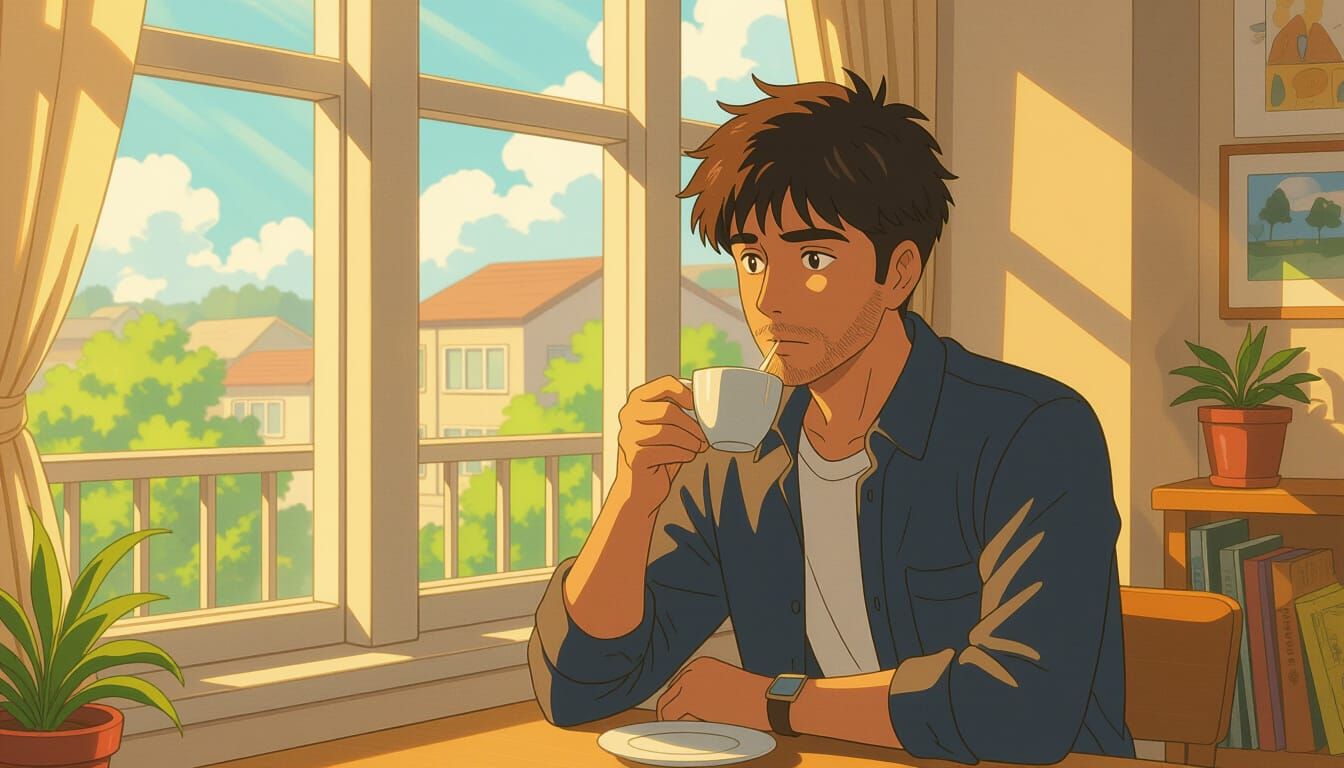 Indian Man Pensively Sipping Tea in Studio Ghibli Anime Styl...