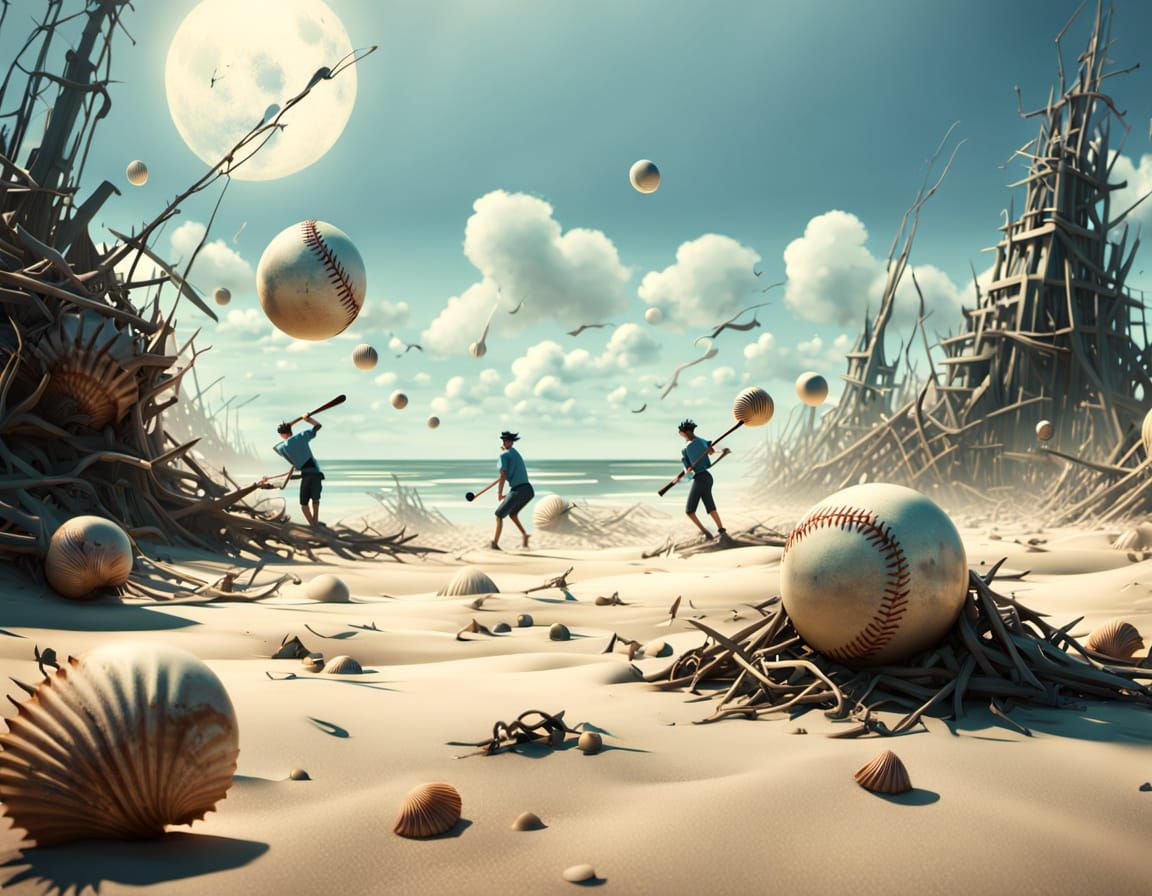 Teen Boys Play Baseball on Surreal Beach with Floating Spher...