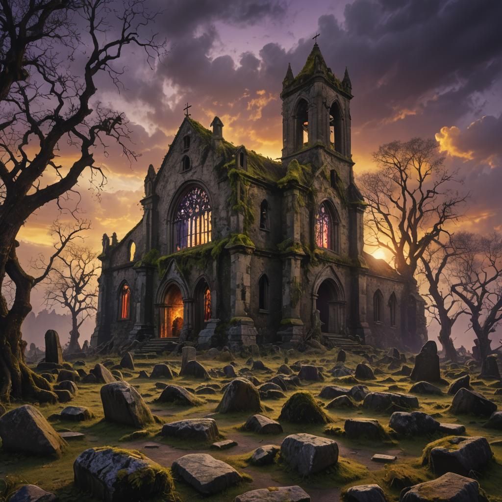 Ruined Church Sunset: Epic Matte Painting in Purple and Yell...