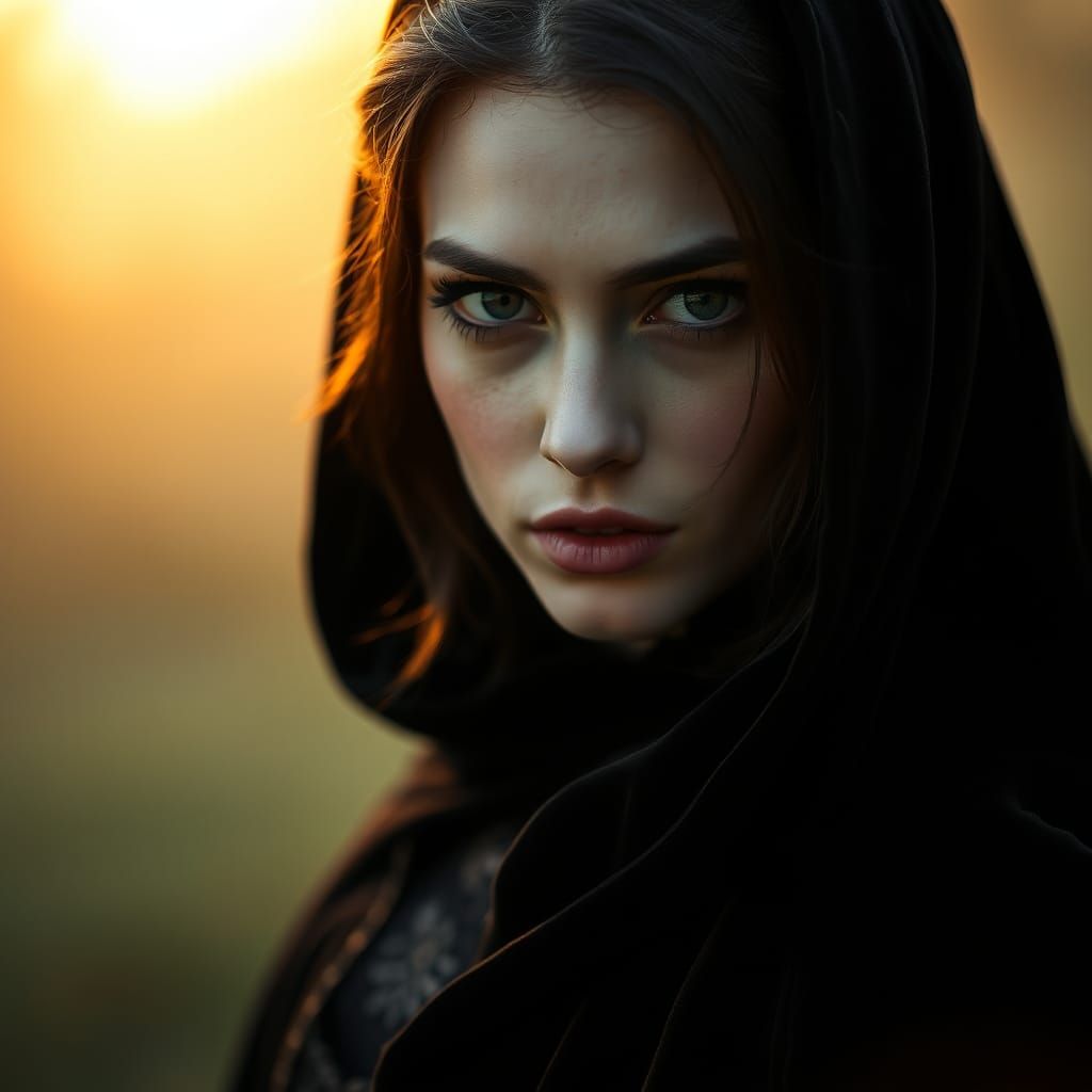 Mysterious Woman in Velvet Cloak, Gothic Portrait