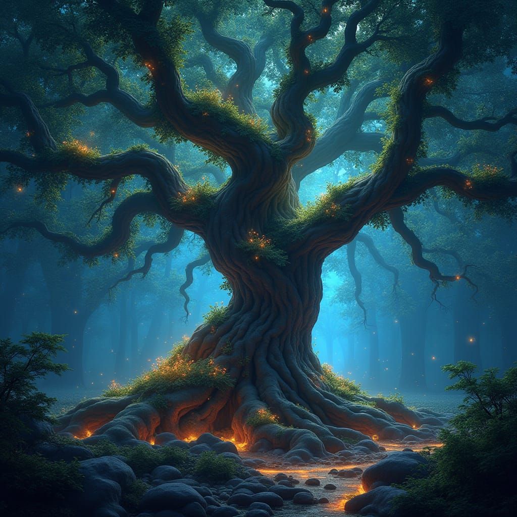 Ethereal Forest Giant with Glowing Roots and Bioluminescent ...