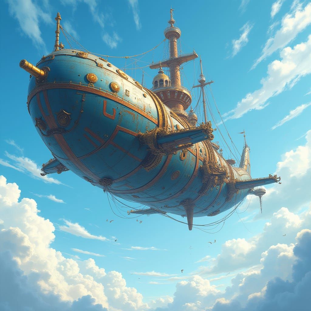 Steampunk Whale Airship Soaring Through Fantasy Sky
