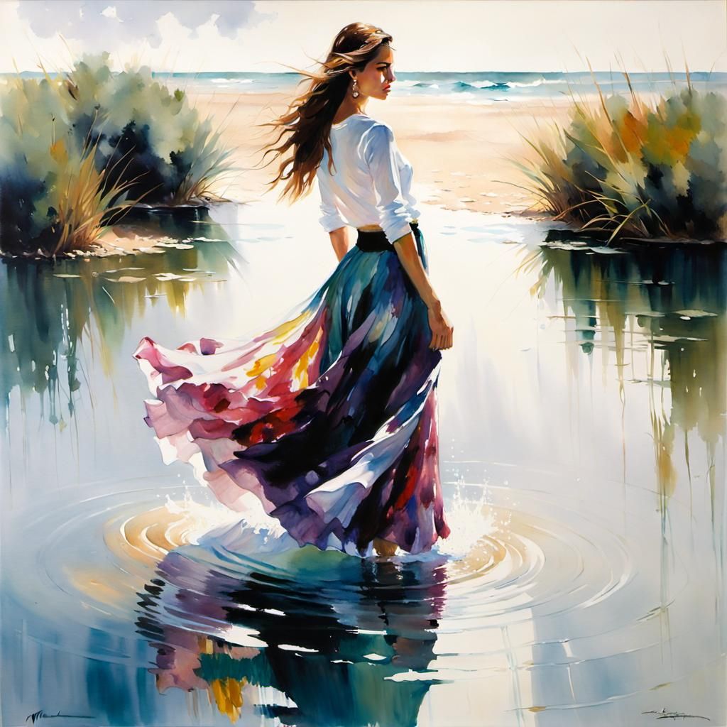 Dreamlike Watercolor of Woman in Flowing Skirt