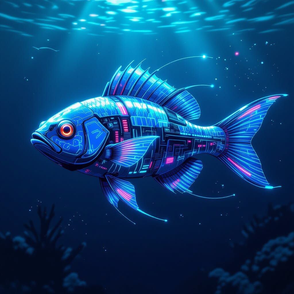 Bioluminescent Biomechanical Fish in Futuristic Style