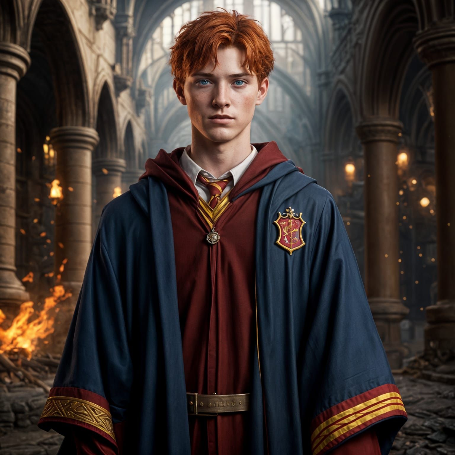 Red-Haired Wizard in Gryffindor Robes, Detailed Art
