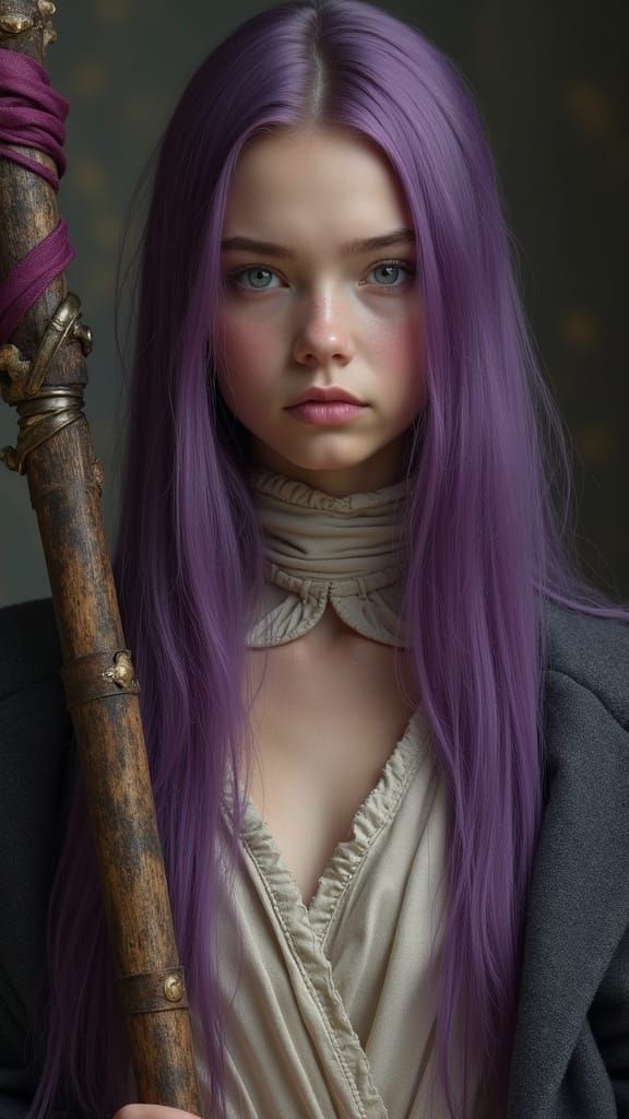 Woman with Purple Hair Holding Staff in Hyperrealism Style