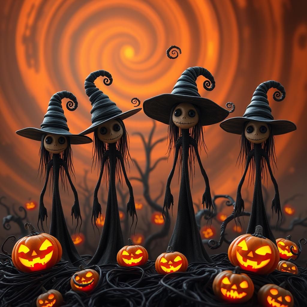 Whimsical Halloween Scarecrows in Spooky Forest