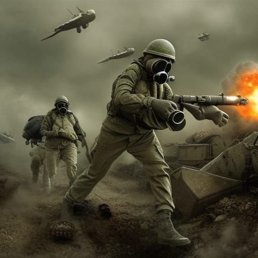 World War 3: Soldiers in Gas Masks Amidst Explosions
