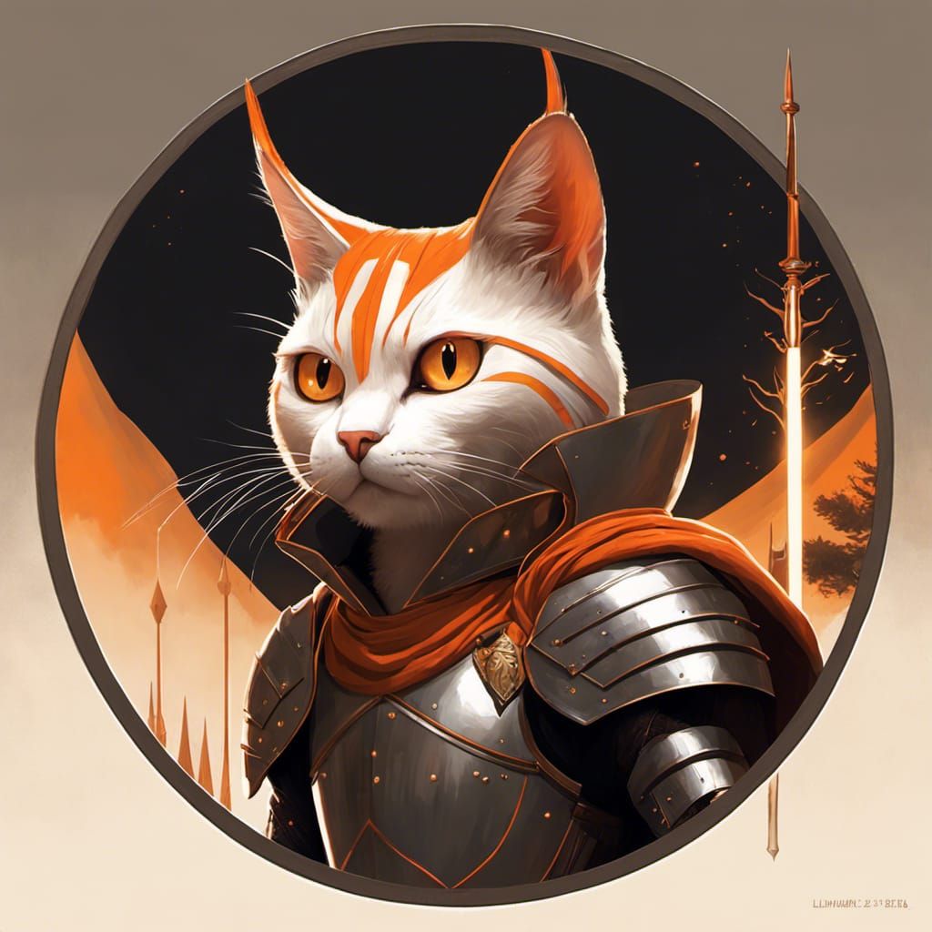 Orange Knight Cat in Dark Forest, Digital Art
