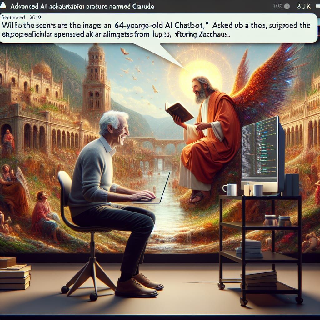 Man Laughs With AI Chatbot at Funny AI-Rendered Biblical Art