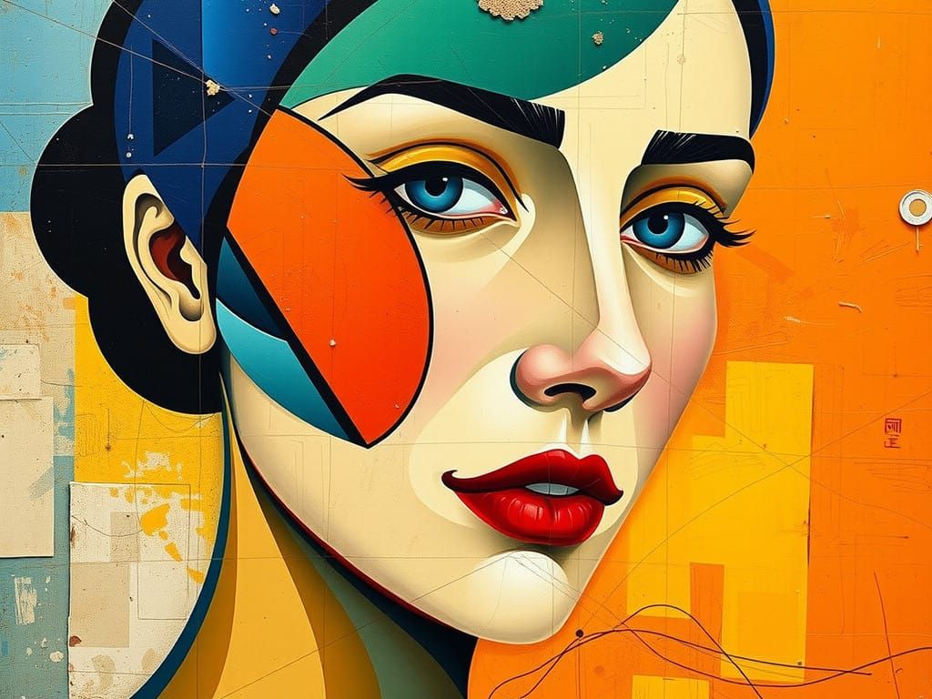 Feminine Form Fragmented in Geometric Shapes and Vibrant Col...