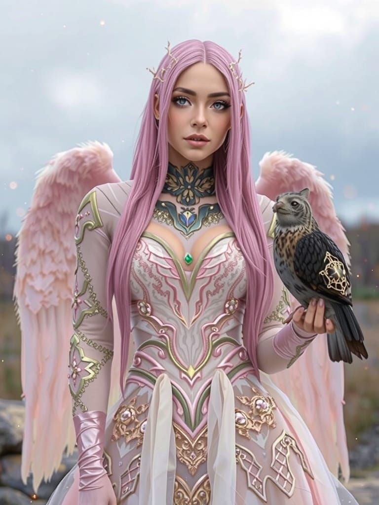 Elven Queen Kissing a White Tiger in Twilight Forest