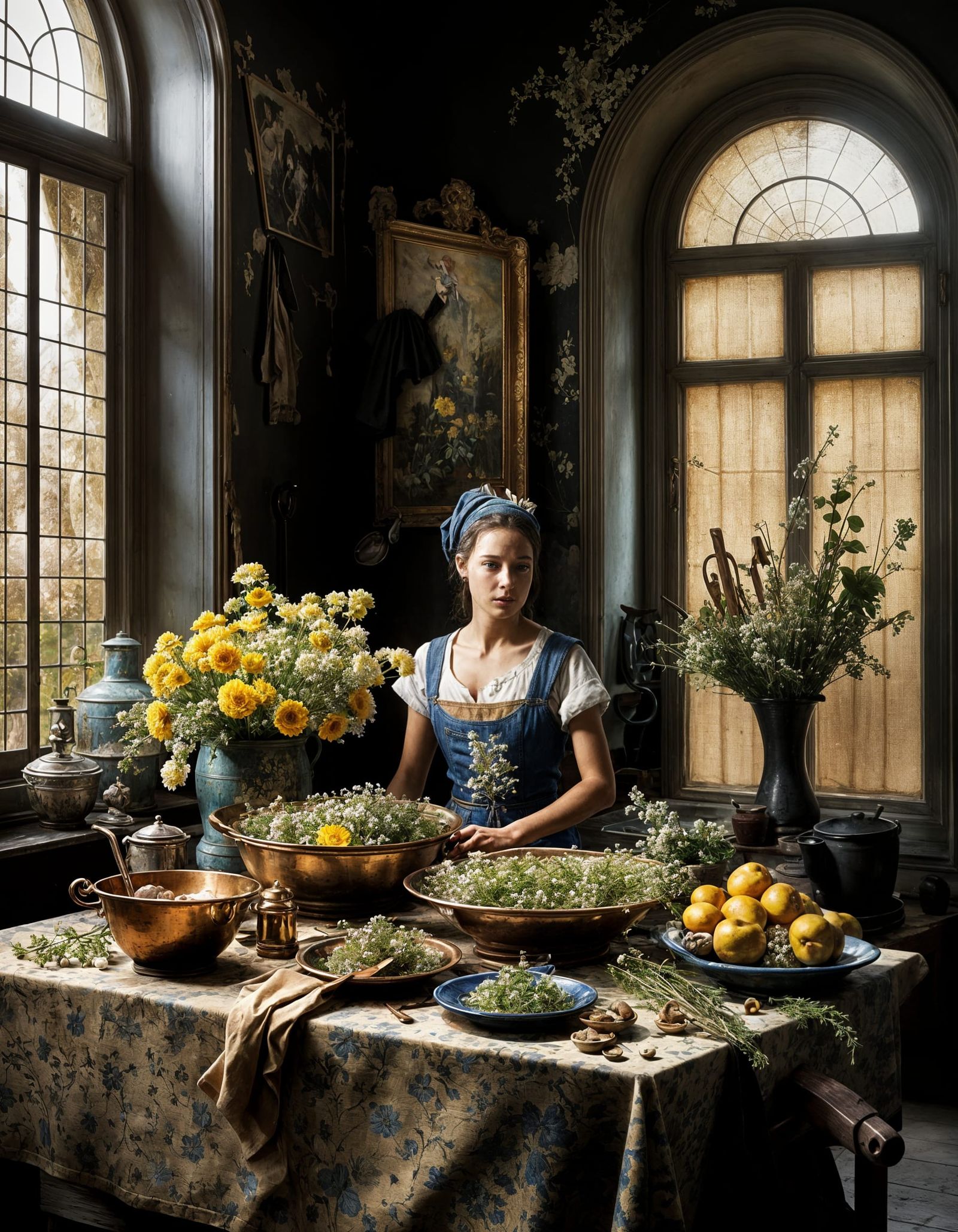 Hyperrealistic Flowers on Butcher Table, Photorealism