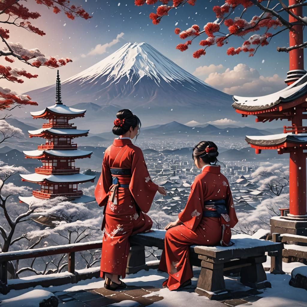 Japanese Girl at Pagoda Overlooking Mt. Fuji