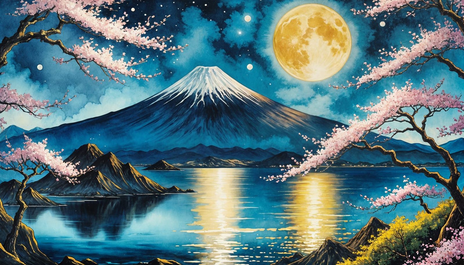 Surreal Blue and Yellow Mount Fuji Scene with Sakura Blossom...