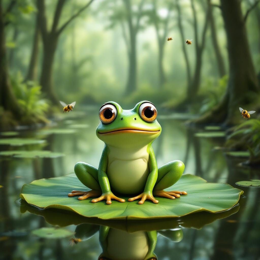 Surprised Green Frog in Swamp Scene