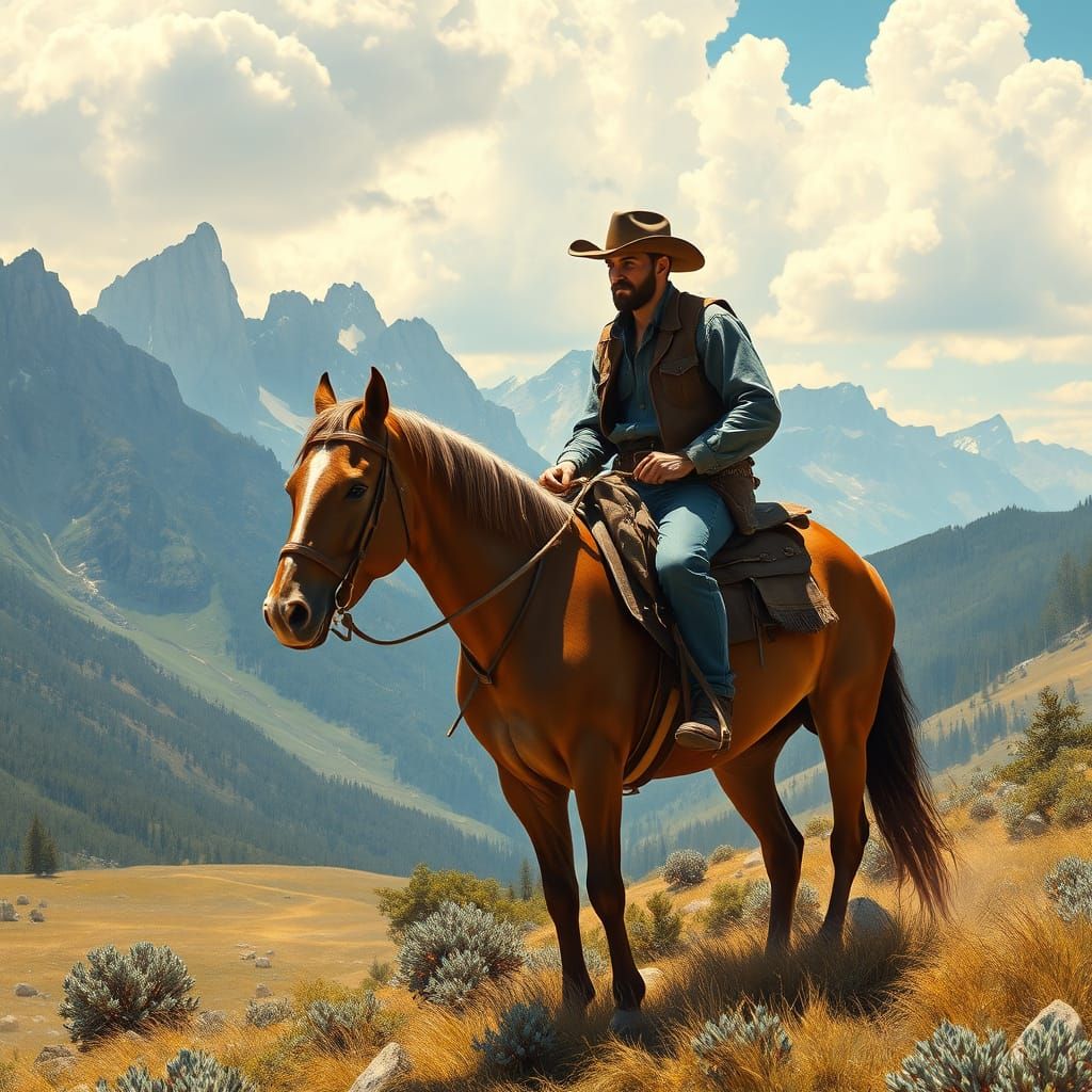 Cowboy Rides Horse in Majestic Mountain Landscape
