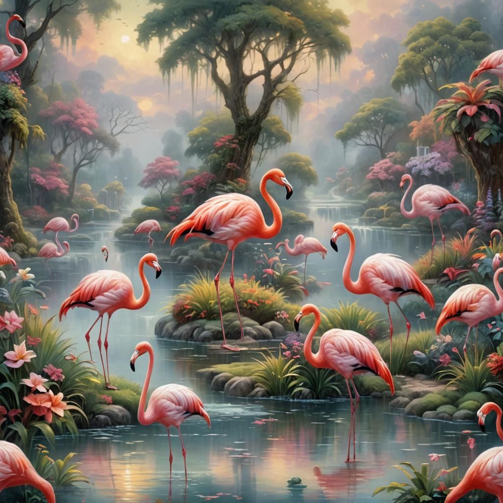 Ethereal Flamingos in a Detailed Fantasy Landscape