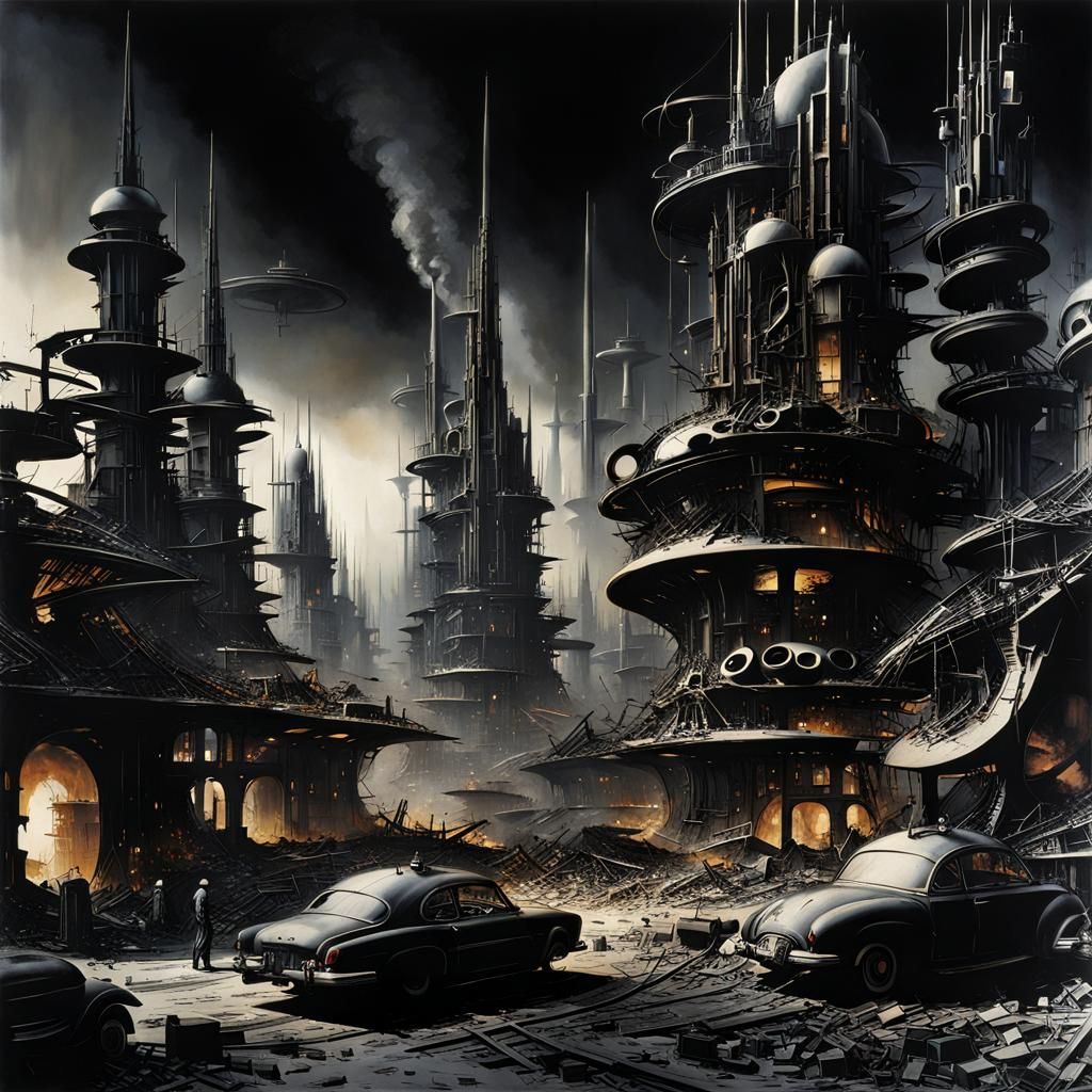 Detailed Retro-Futuristic City Destruction in Dark Style