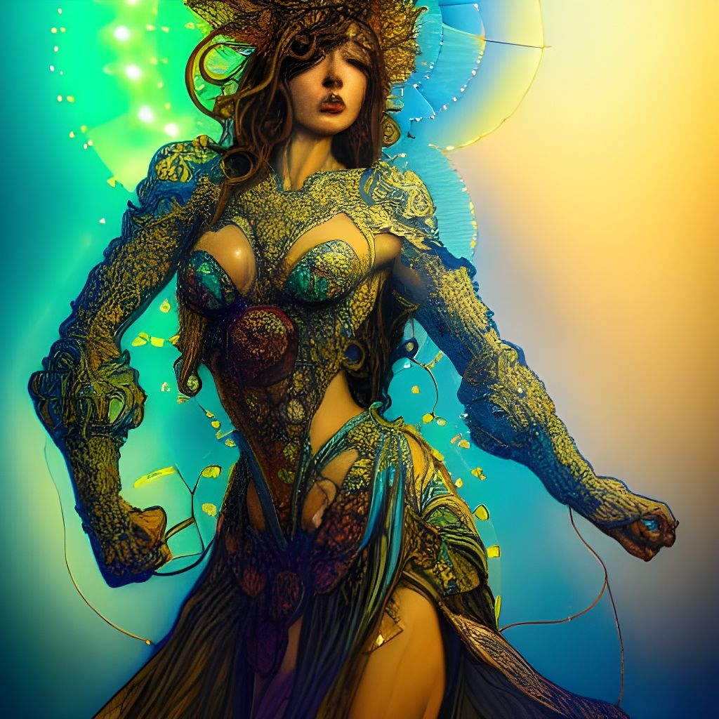 Luminescent Stained-Glass Warrior in Fractal Iridescence