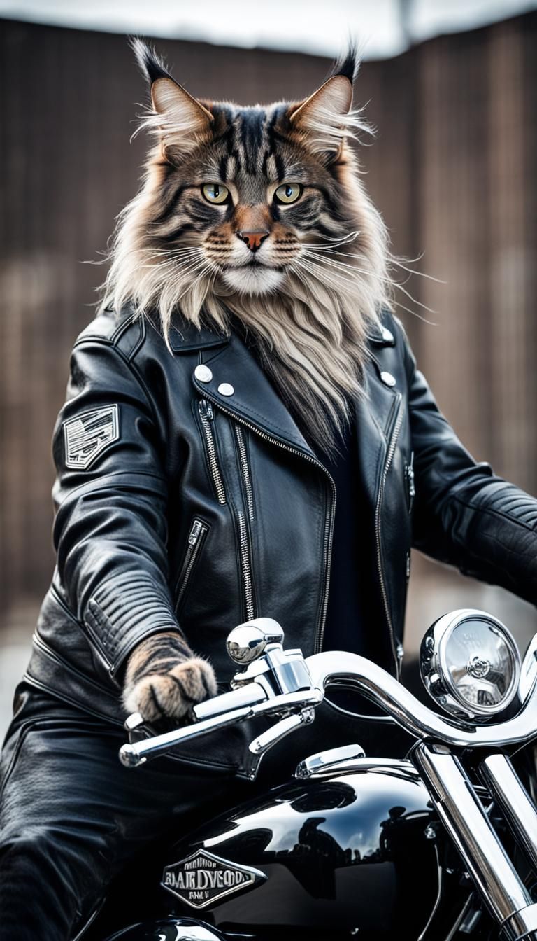 Mainecoon Cat Biker on Harley-Davidson Motorcycle