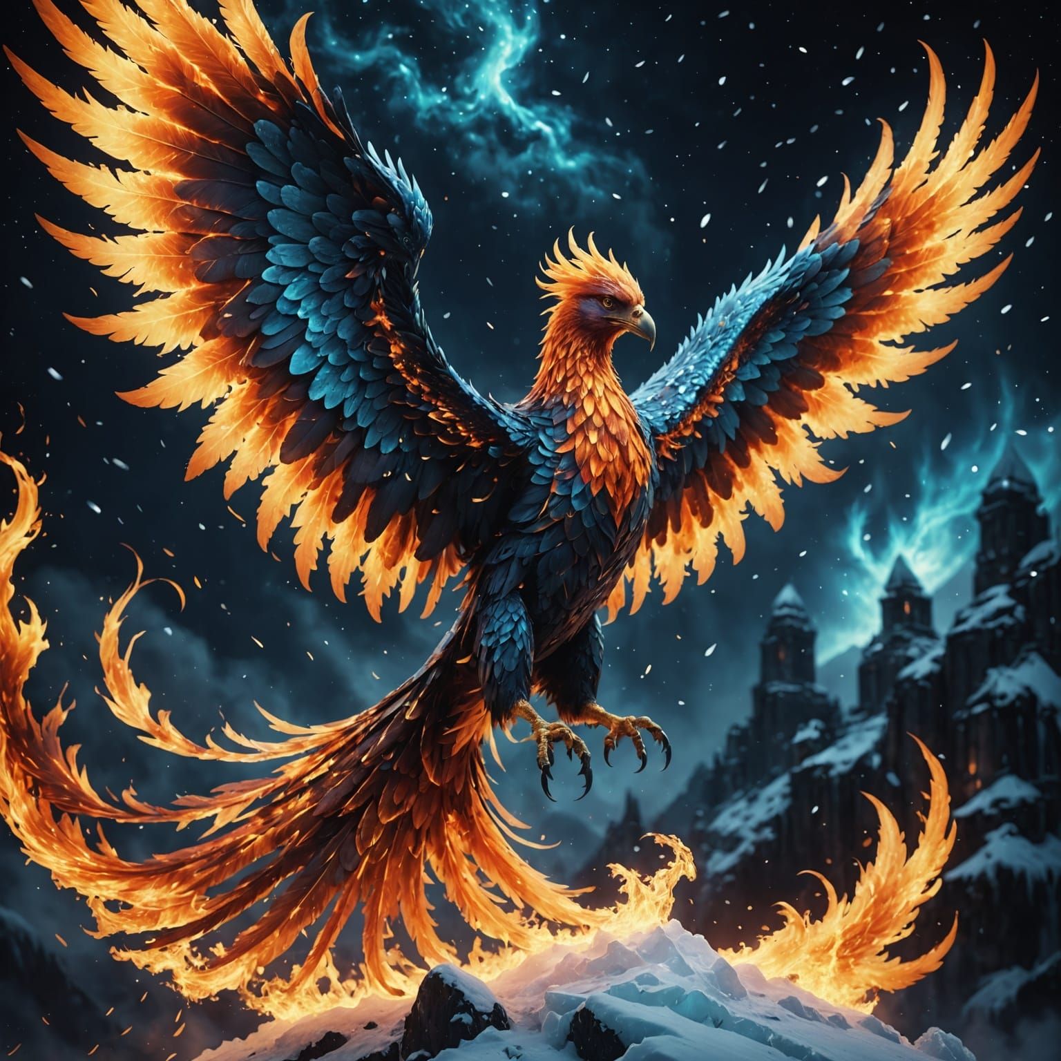 Fire and Ice Phoenixes in Night Sky