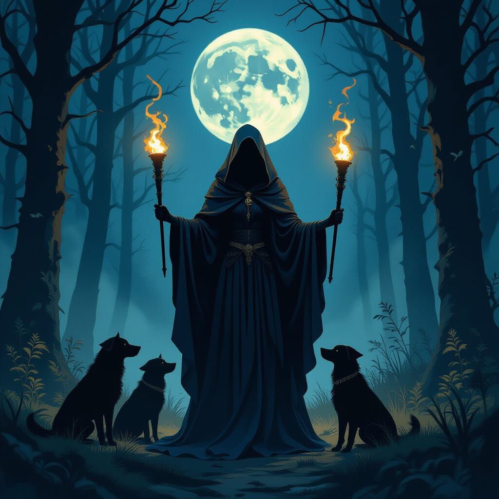 Hecate in Moonlit Forest with Torches and Hounds