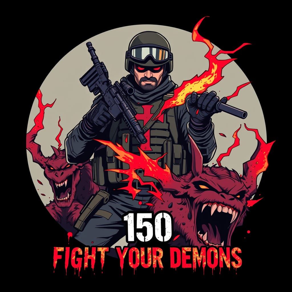 Soldier Battling Demons in Comic Book Style