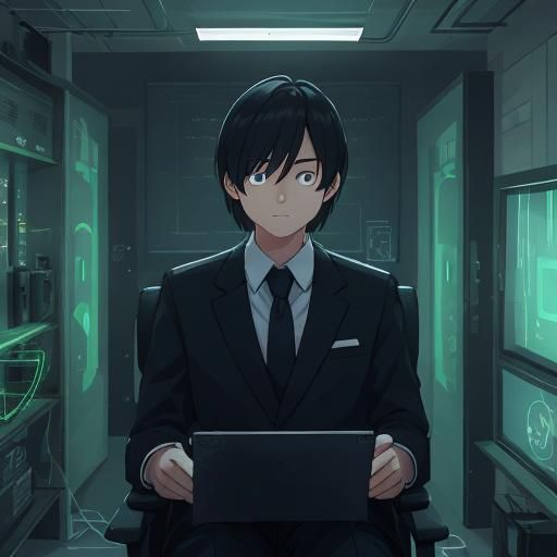 Bored AI Working at Desk in Neon Office