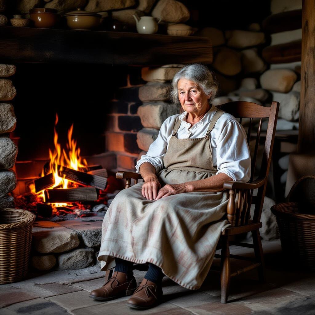 Elderly Farmer's Wife with Magical Orb in Firelight