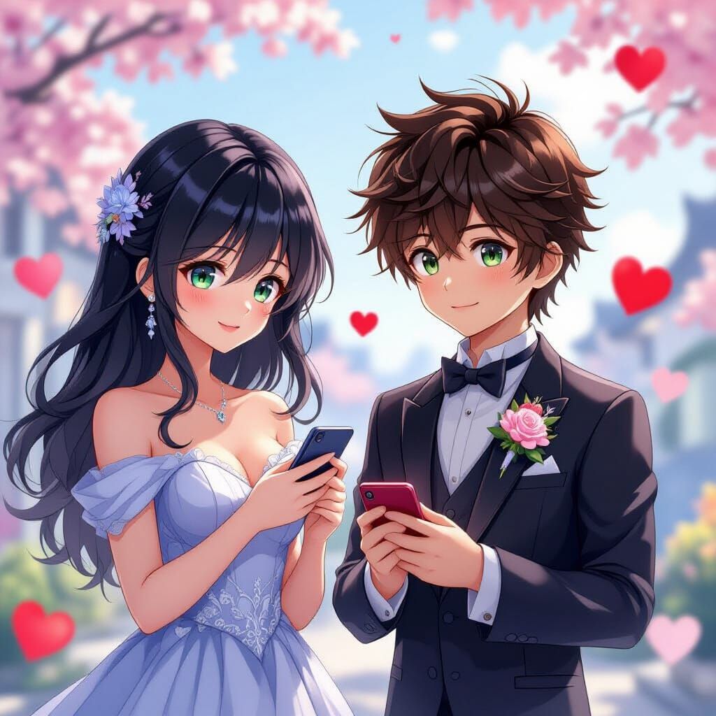 Romantic Anime Couple Surrounded by Hearts