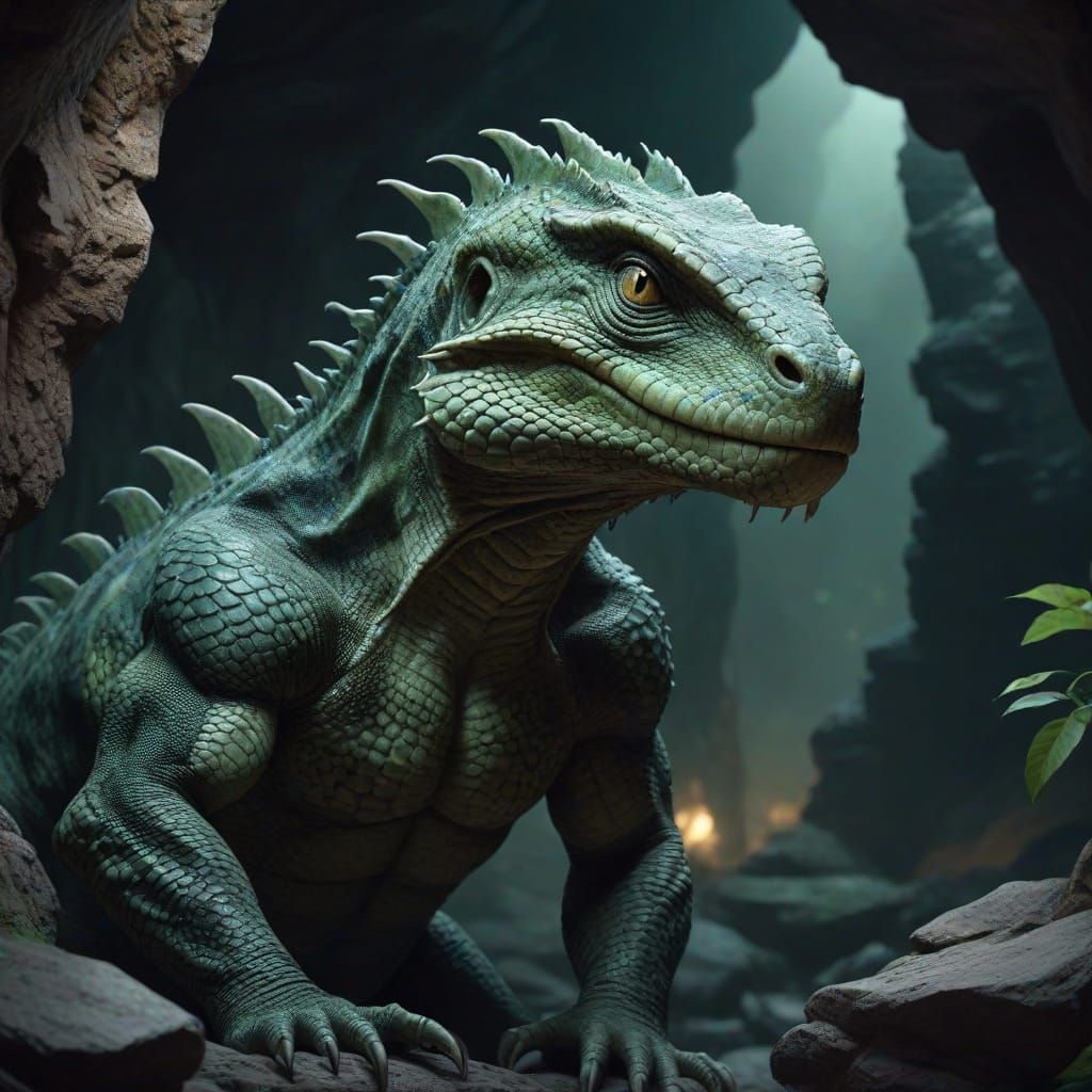 Reptilian Monster in Dimly Lit Cavern