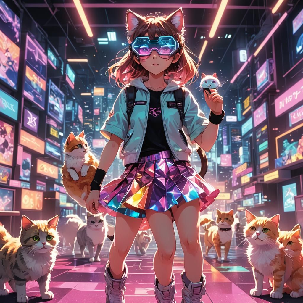 Furry Girl Plays with Holographic Kitten in VR Anime