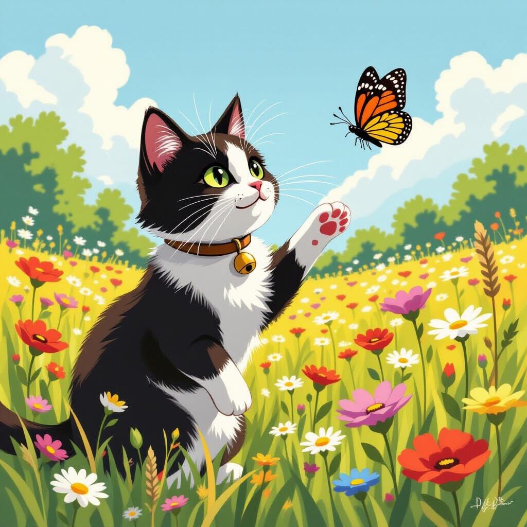 Tuxedo Cat and Butterfly in Whimsical Meadow