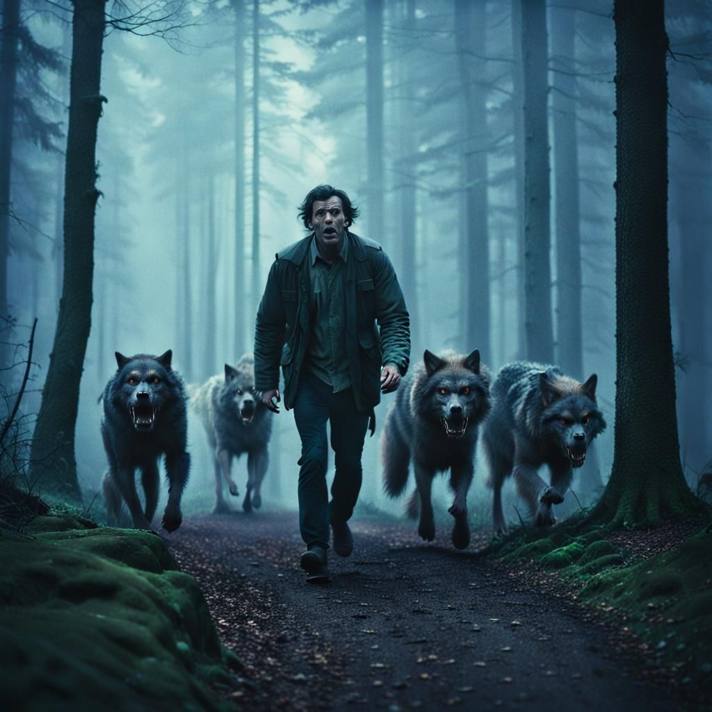 A foggy scary day: Man followed by wolves