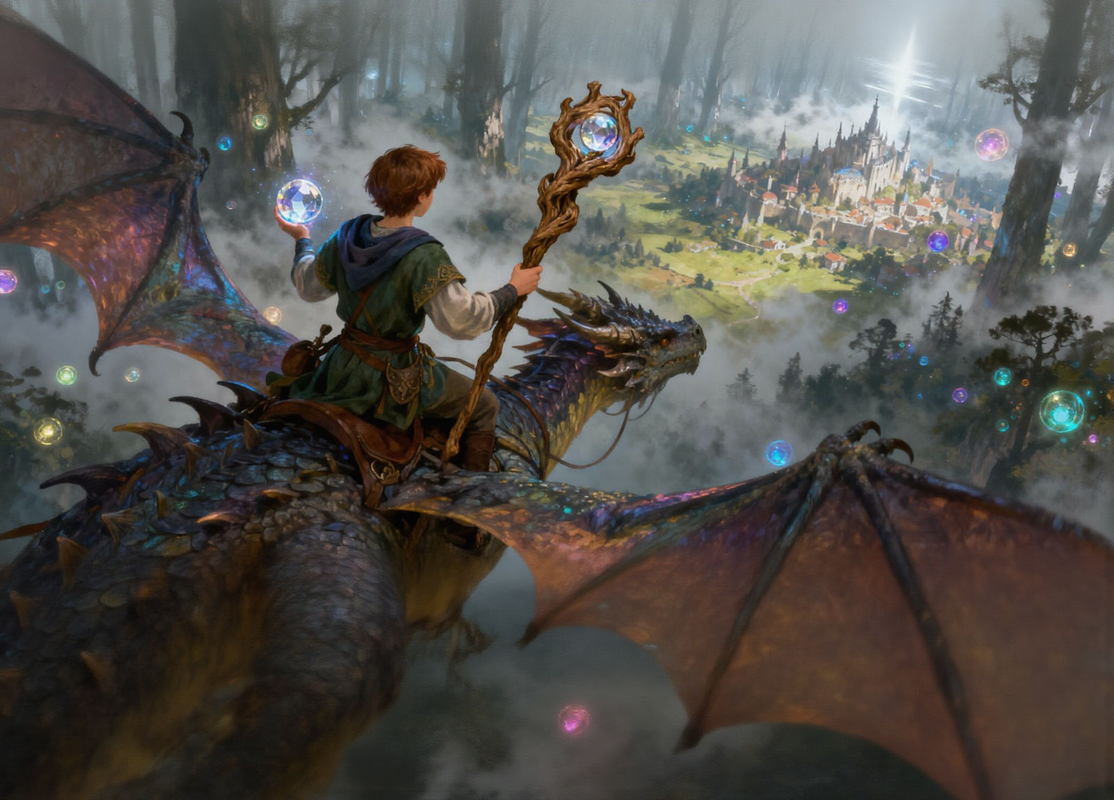 Fantasy Wizard and Dragon Over Kingdom Landscape