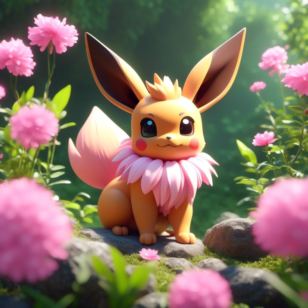 Eevee Sniffs a Pink Flower in Pokémon Style