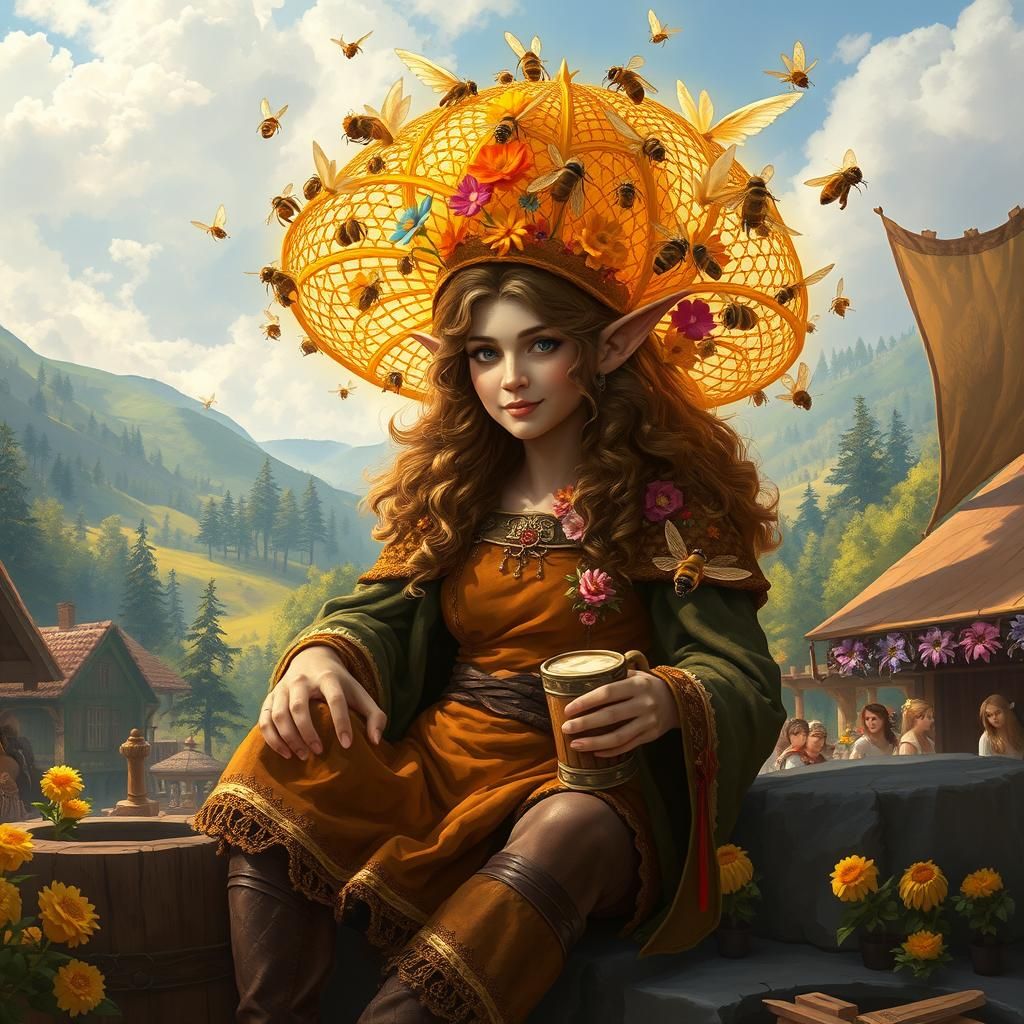 Enchanted Elf Maiden Serving Honey Mead in Fantasy Market