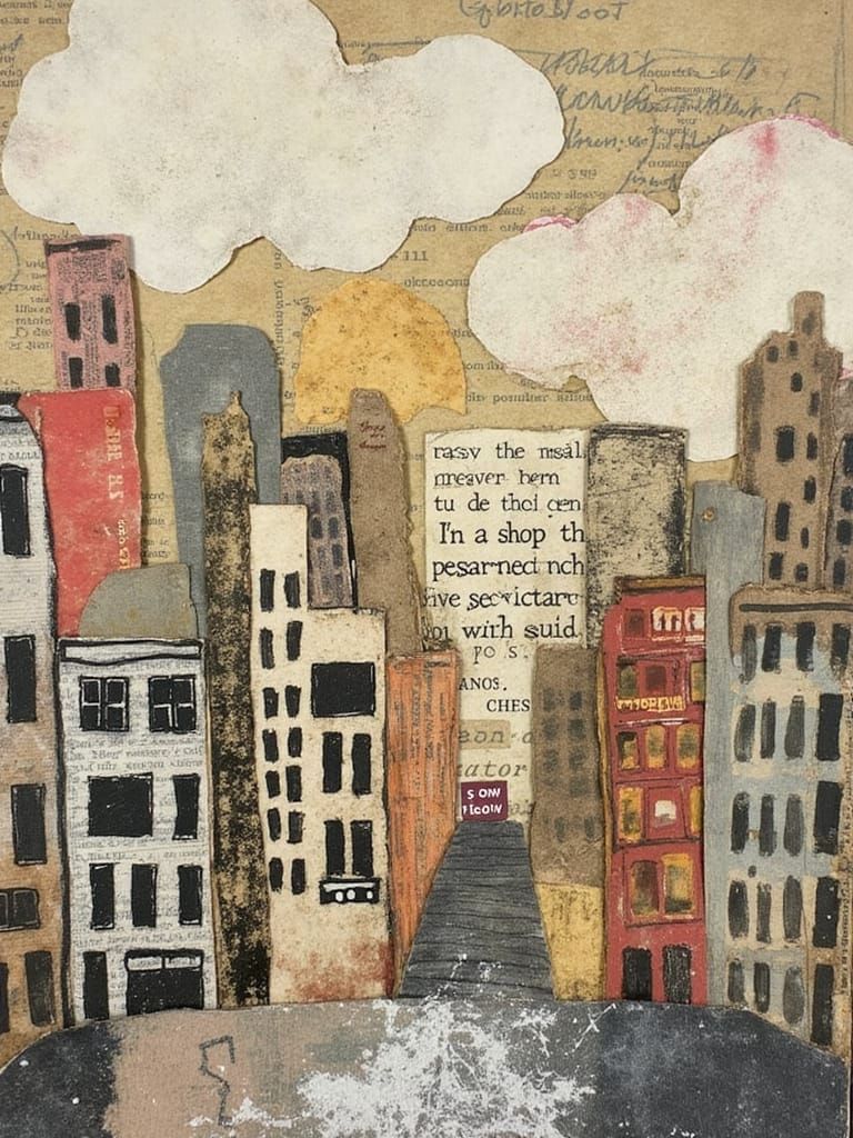 Recycled Paper Collage Cityscape with Neutral Tones