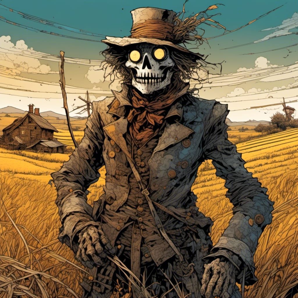 Steampunk Scarecrow in Field with Metallic Scraps