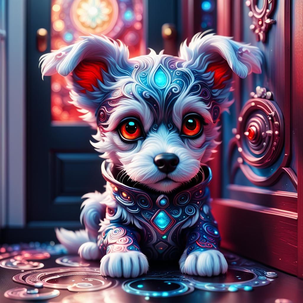 " super cute little black and white red dog chibi lies near ...