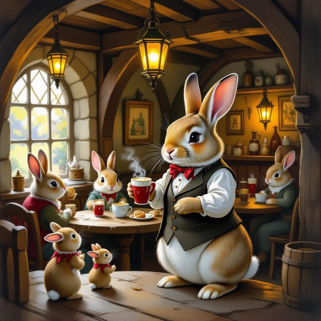 Cozy Tavern Scene with Rabbit Bartender, Storybook Style