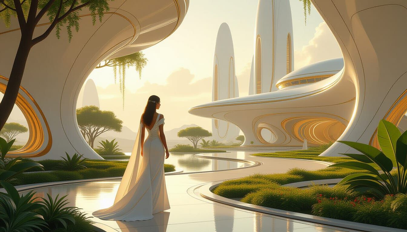 Utopian Future Cityscape with Serene Woman