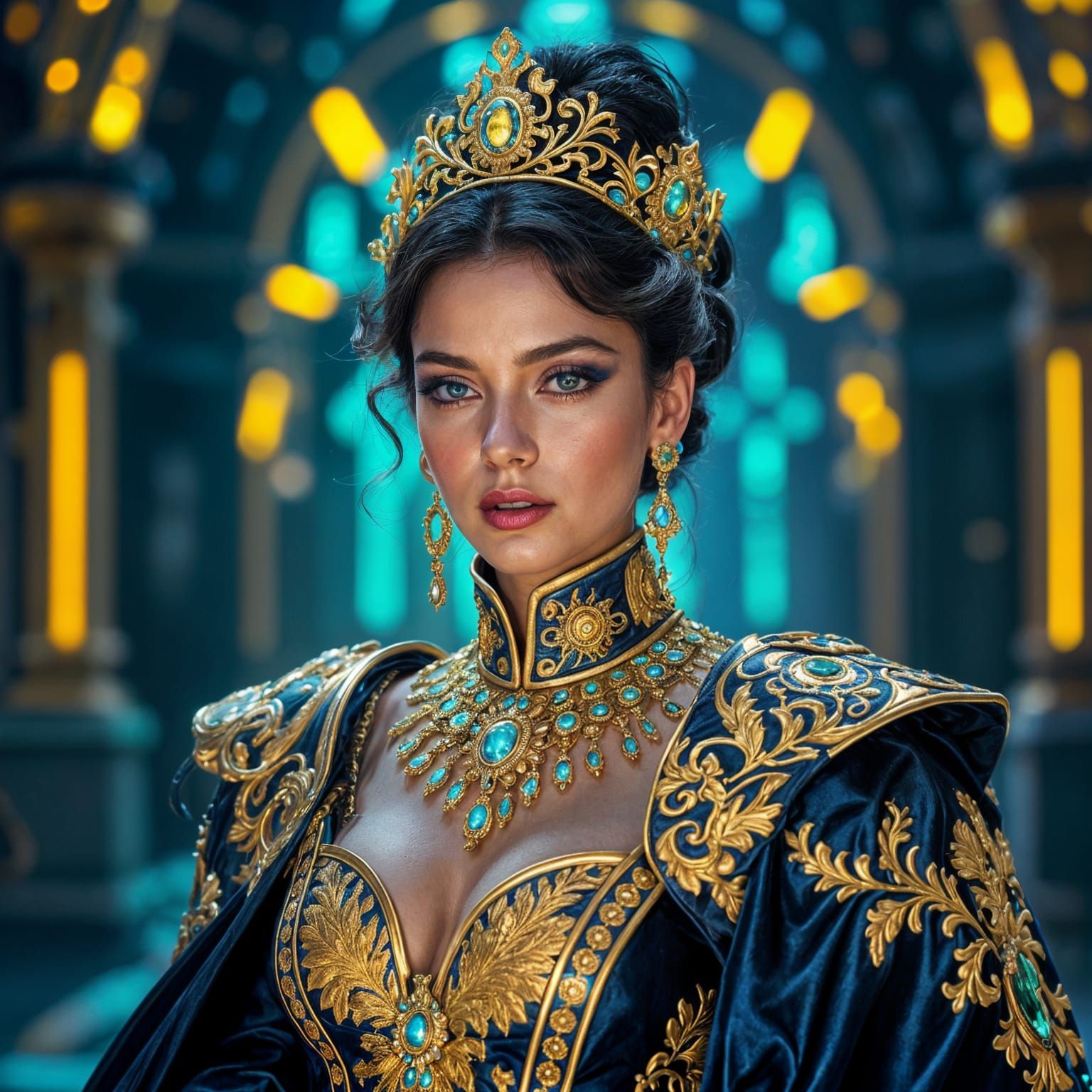 Neo-Baroque Cyber Style Royal Figure in Futuristic Attire