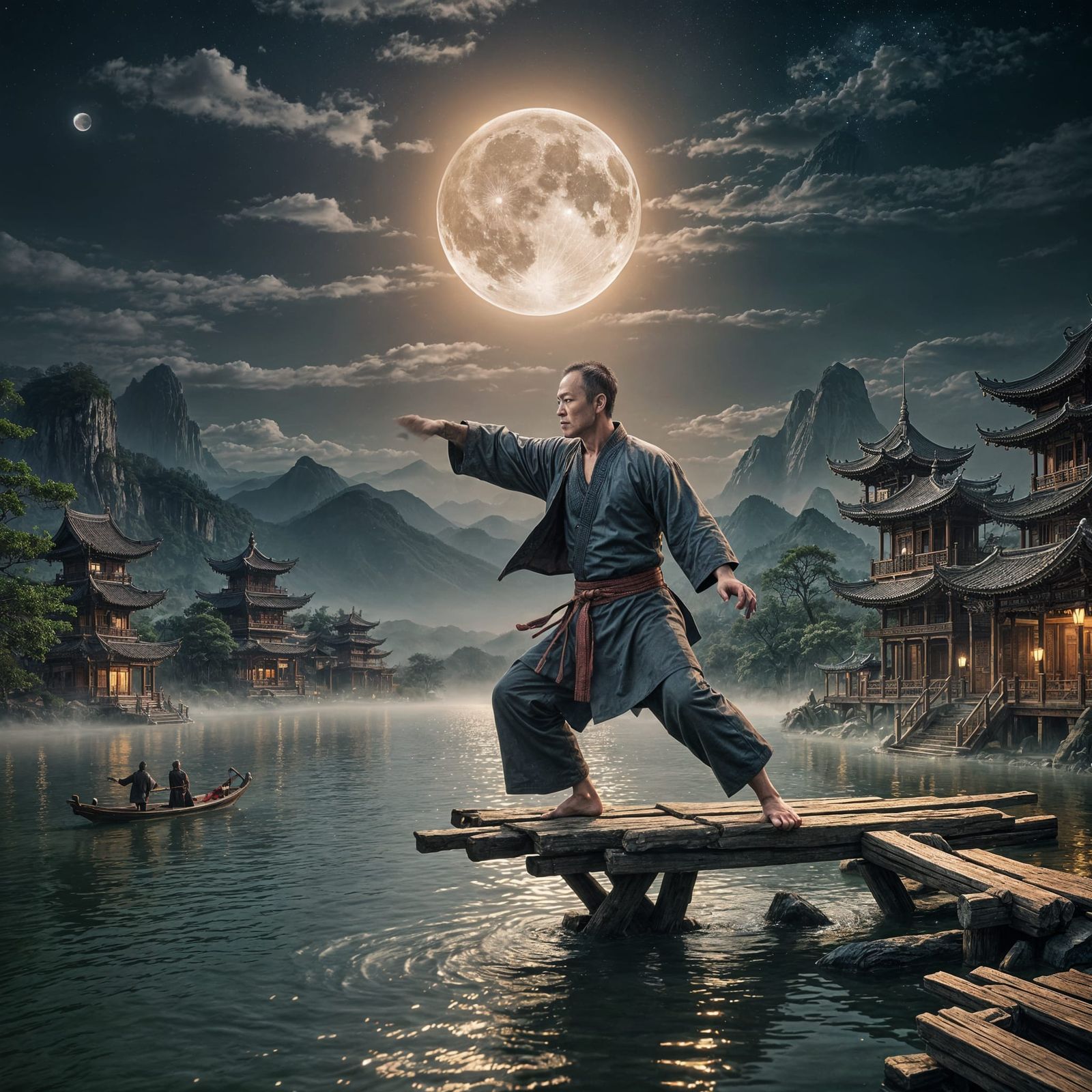 Kung Fu Master on Water at Moonlight