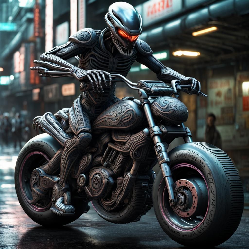 Xenomorph Rides Futuristic Motorbike with Neon Tattoos